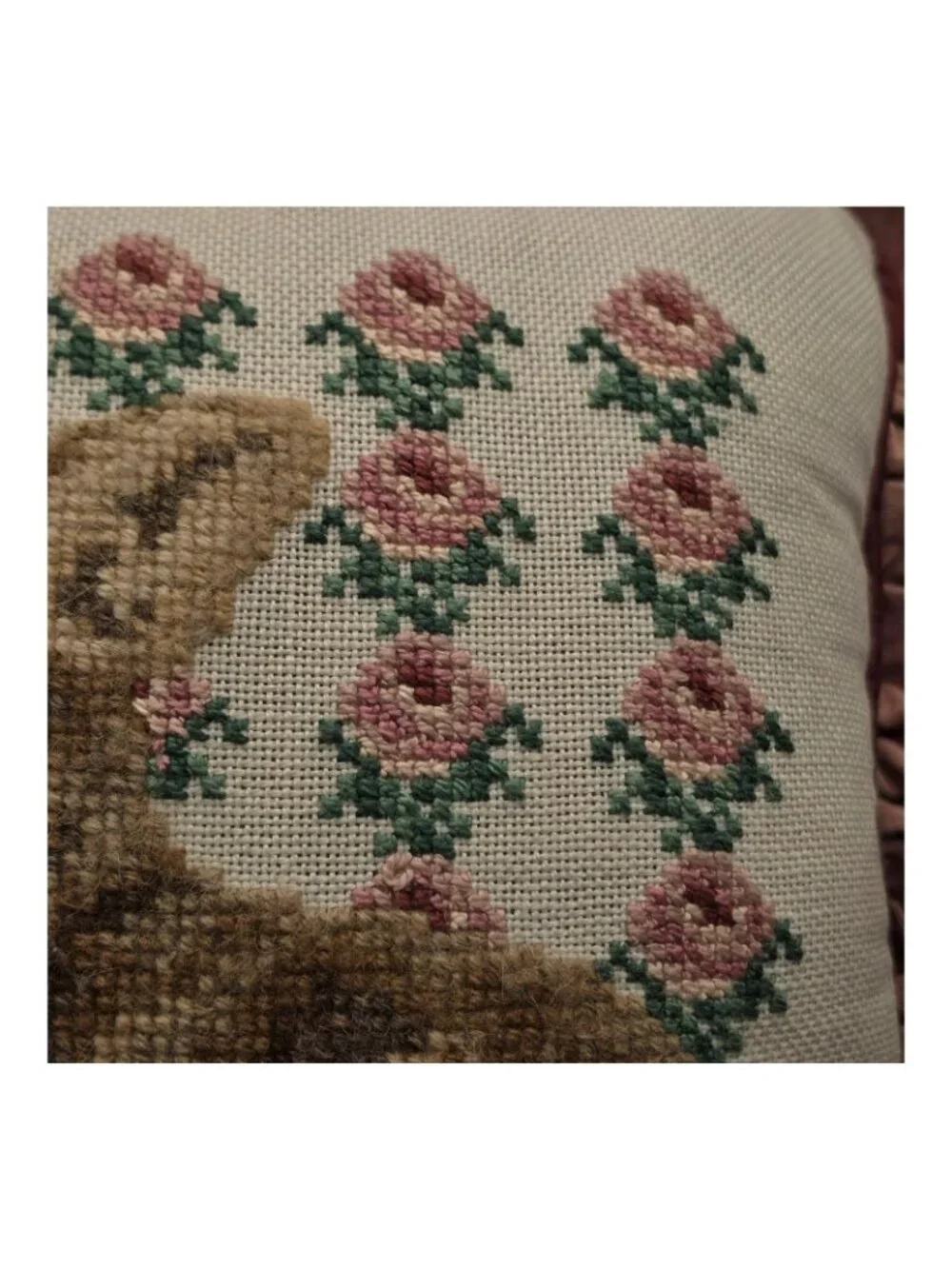 Vintage Bunny Rabbit Needlepoint Pillow Pink Ruffle Floral 10x10